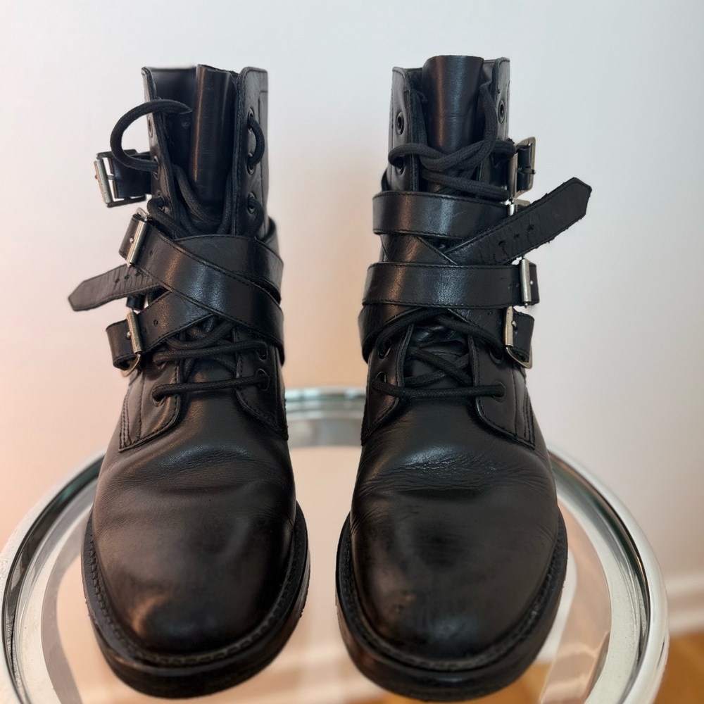Saint Laurent Smooth Calfskin Studded Strap Rangers Boots | Size 37.5 - Picture 4 of 10